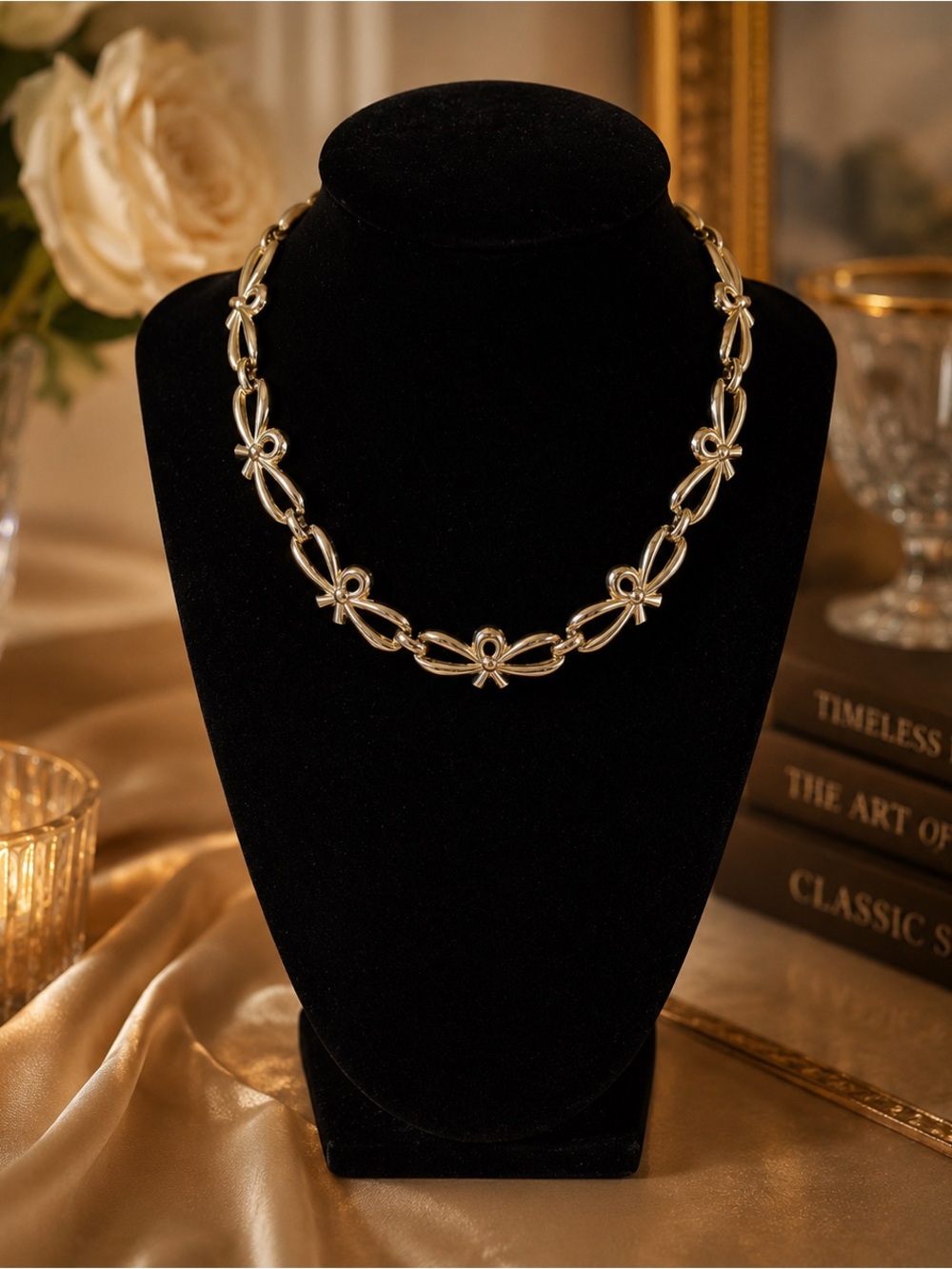 Vintage Monet Signed Openwork Bow Gold Tone Collar Necklace Coquette